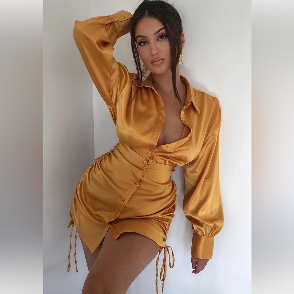 When's Happy Hour Mini Shirt Dress - Mustard MEDIUM. SOLD OUT ON WEBSITE